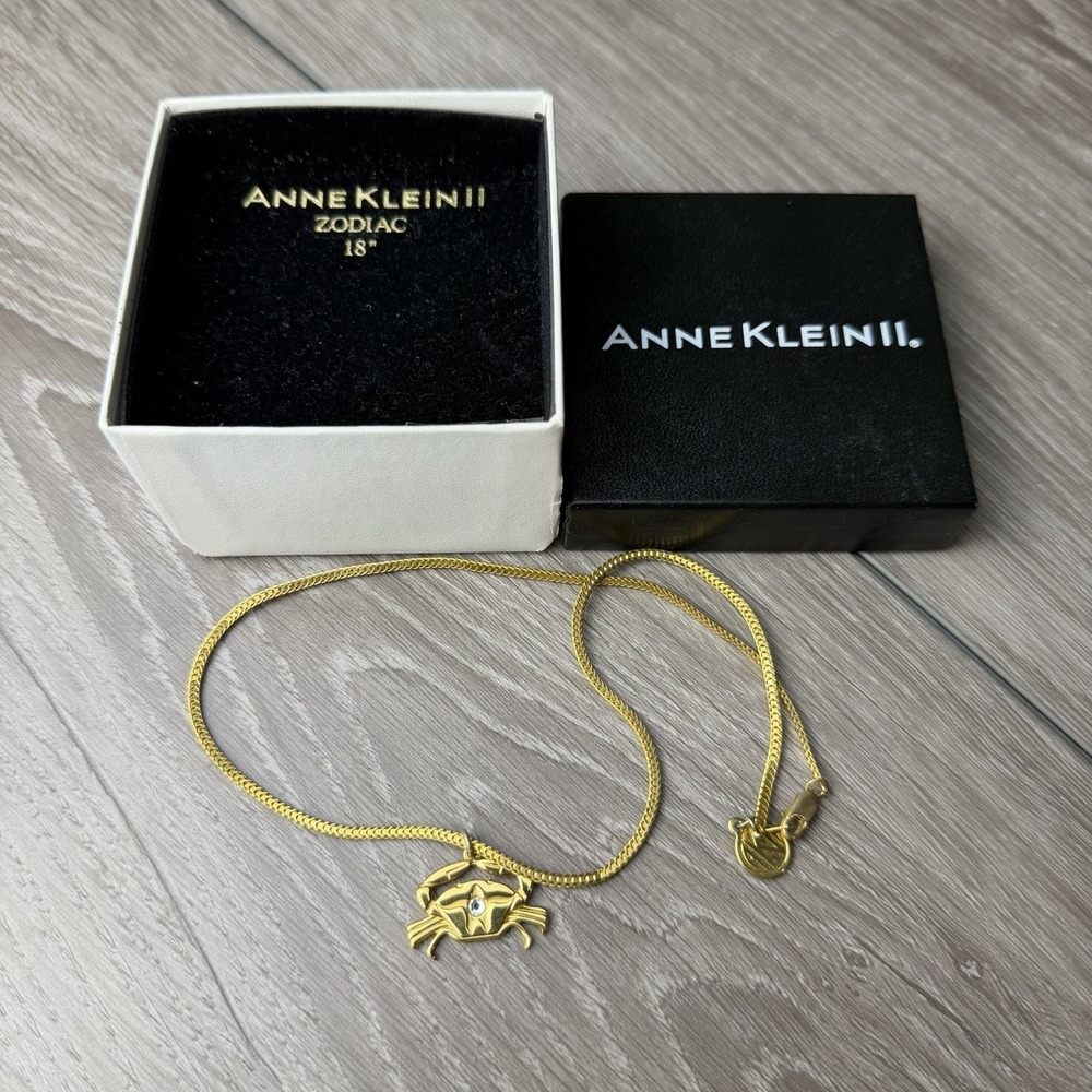 Vintage Anne Klein II Zodiac Cancer Crab Necklace Gold Tone Rhinestone